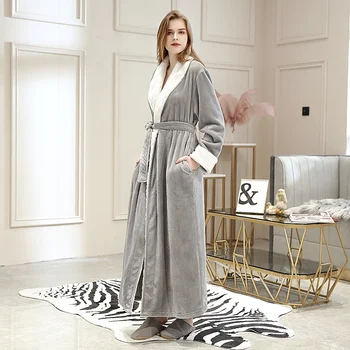 

Women Thick Lace-up Long Robe Flannel Couple Nightgown Sexy V-neck Pocket Robes