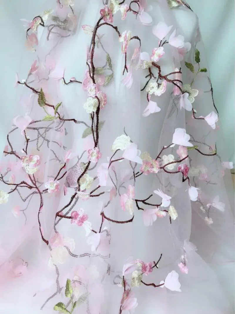 Ткань с красивыми цветами, мягкий вышитый тюль, кружевная ткань для платьев и рубашек, у двора, розовый, черный, белый, красный и серый