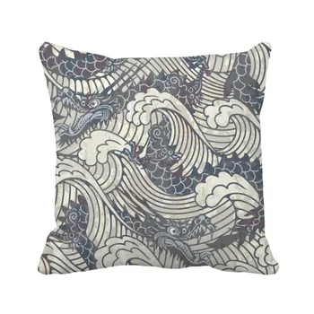 

China Blue Dragon Wave Line Painting Repeat Throw Pillow Square Cover