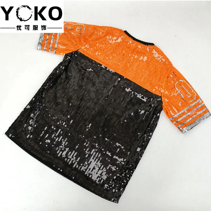 YOKO буквенно-цифровое сшитое блестящее короткое платье с блестками новые сценические костюмы для выступлений женские свободные футболки размера плюс с блестками