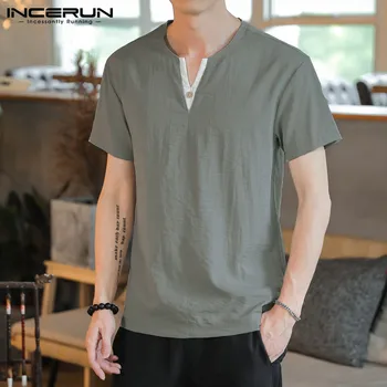 

INCERUN Men Casual Shirt Cotton V Neck Streetwear Retro Chinese Style Print Camisa Masculina Leisure Short Sleeve Blouse 2020