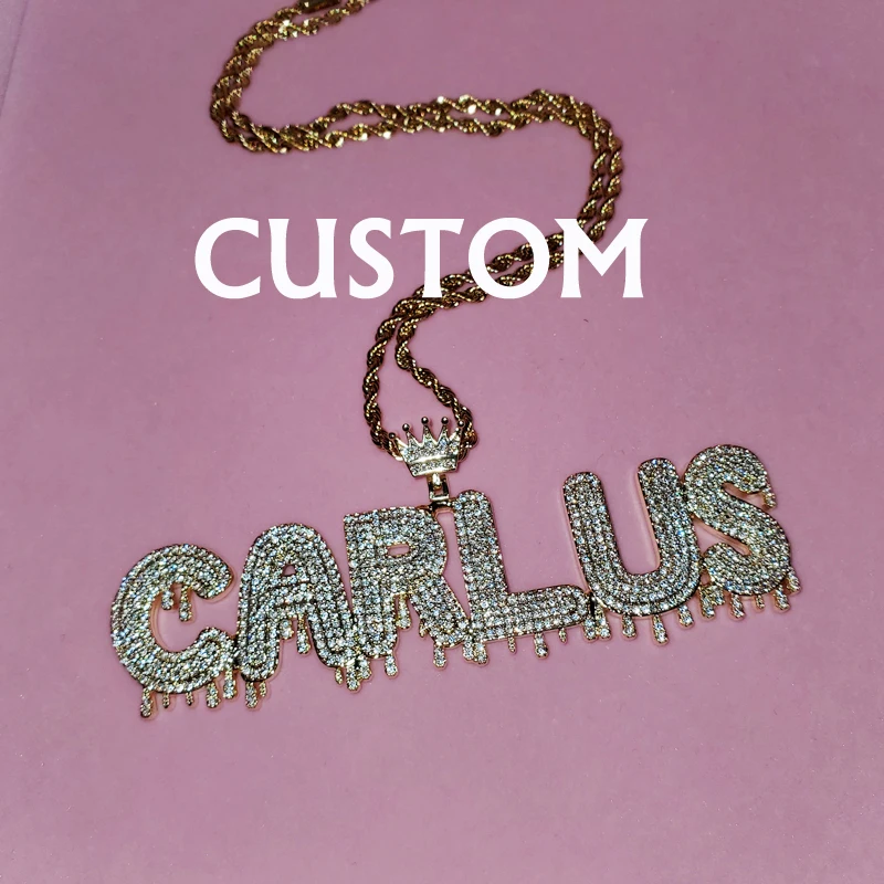 

Grandbling Custom Name Crown Dripy Iced Out Bubble Letters Chain Pendants & Necklaces For Men Jewelry With Rope Chain