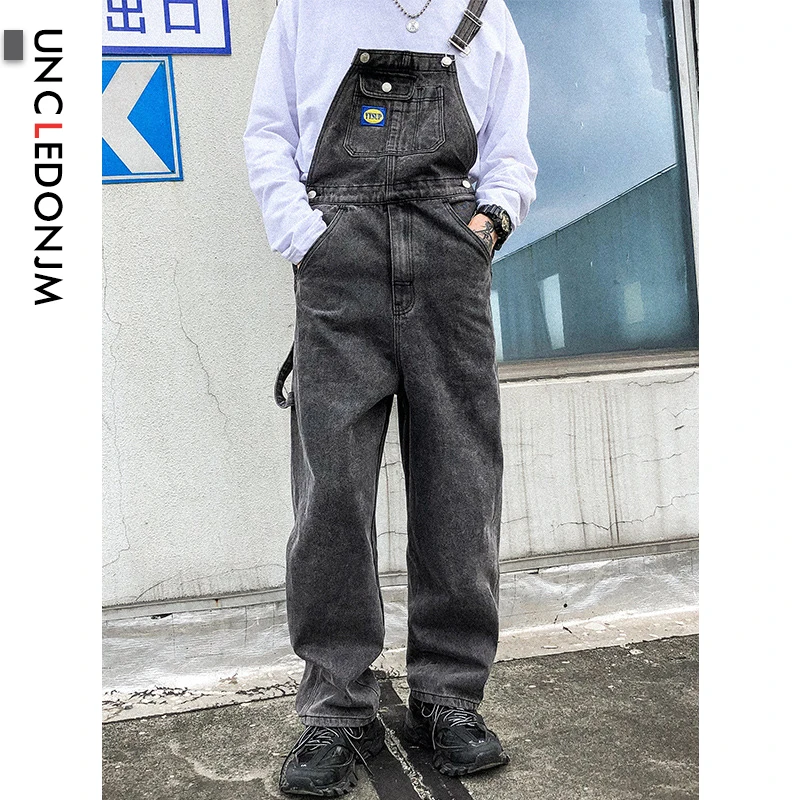 

UNCLEDONJM Denim Rompers Mens Single Breasted Jumpsuit Cargo Jean Overalls New One piece Suits Romper Loose fit Overalls B01-Gra