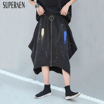

SuperAen Fashion Women Skirts Wild Cotton Irregular Summer New 2020 Ladies Skirts Zipper Casual Skirts Female