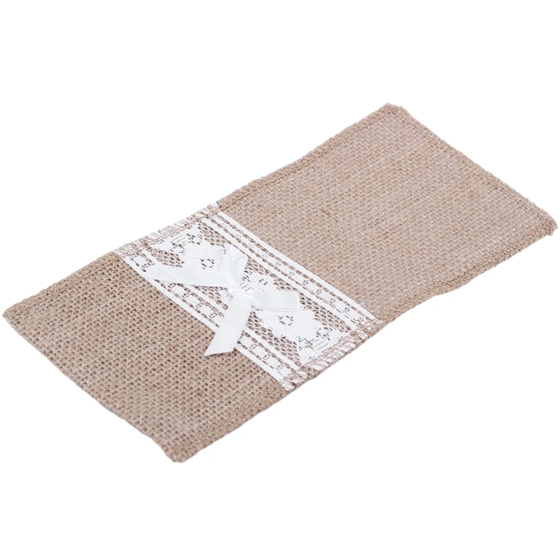 

100Pcs/Jute Linen Cutlery Holder Vintage Shabby Chic Jute Lace Cutlery Bag Packaging Fork and Knife Pocket Home Textiles