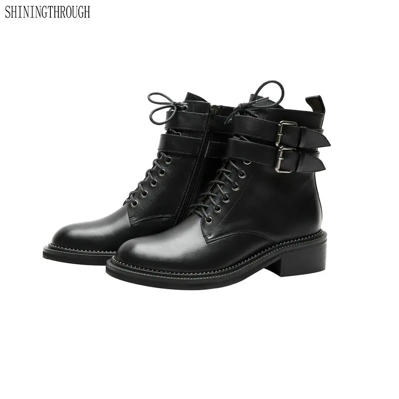 Spring Autumn genuine leather Low Heels Women Ankle Boots Lace Up Western Short Boots Casual Shoes Woman