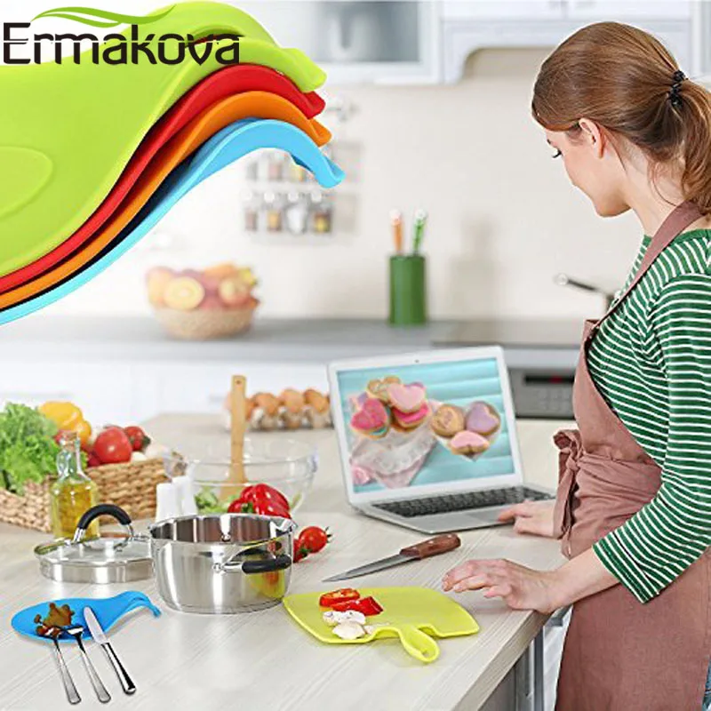 ERMAKOVA Kitchen Heat Resistant Flexible Silicone Almond-Shaped Ladle Spoon Holder Rest Utensil Spatula Holder Tool images - 6