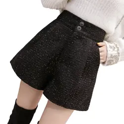 Элегантные Блестки шерстяные шорты женские с высокой талией Свободные корейские твидовые шорты осень зима тонкие широкие ноги верхняя