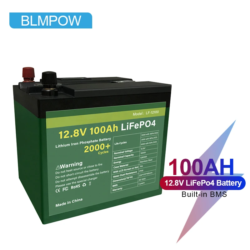 BLMPOW 12V 100ah Lifepo4 Battery Pack with Built-in BMS 100AH Waterproof Lithium Ion Batteries for Inverter, Boat Motor No Tax