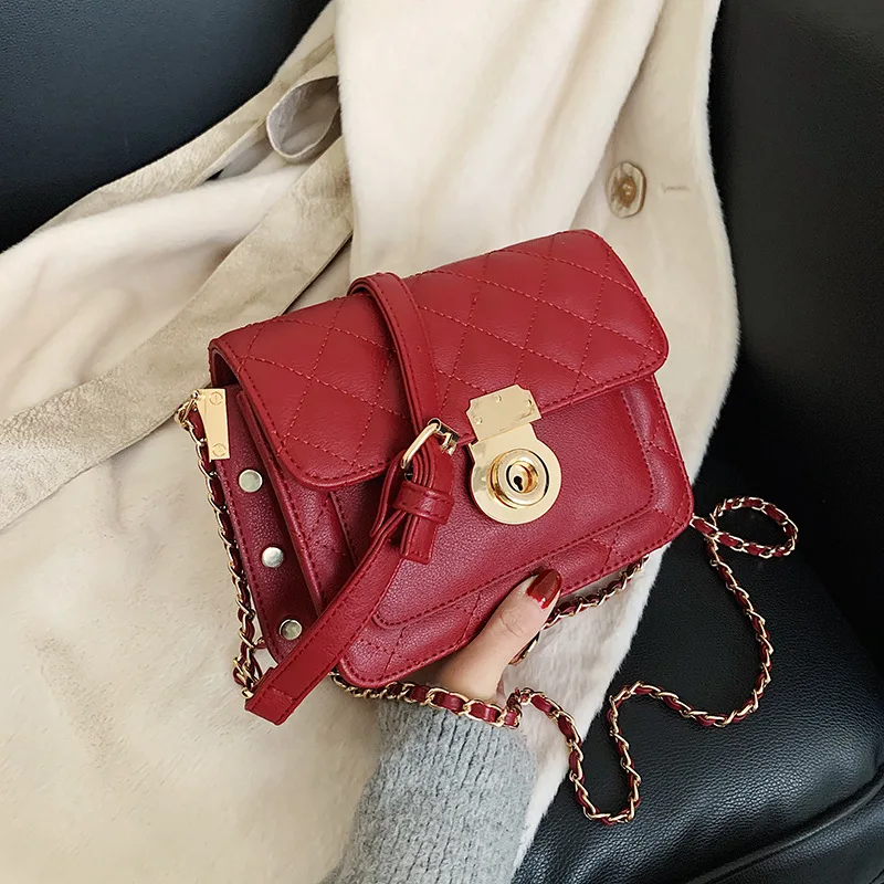 

2020 Spring New Style WOMEN'S Bag Rivet Casual Rhombus Square Sling Bag Korean-style Lock Shoulder Square Bag