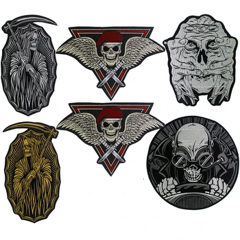

Punk Rock Sickle Skull Embroidery Patches Drive Skeleton Bone Iron on Biker Badge Clothes Stickers Applique 1PC TH2099