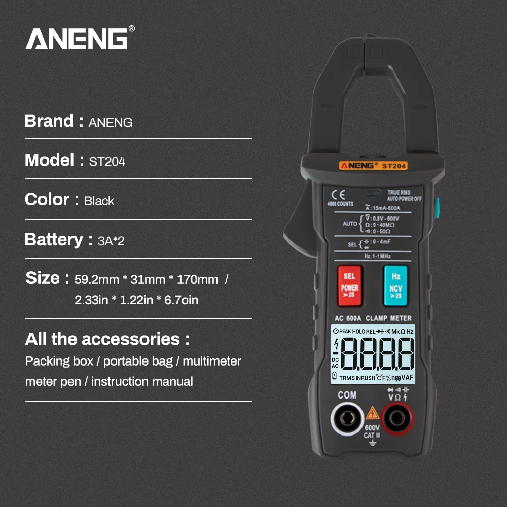 ANENG ST204 4000 отсчетов Полный Интеллектуальный Автоматический диапазон True RMS цифровой мультиметр клещи AC/DC напряжение NCV сопротивление