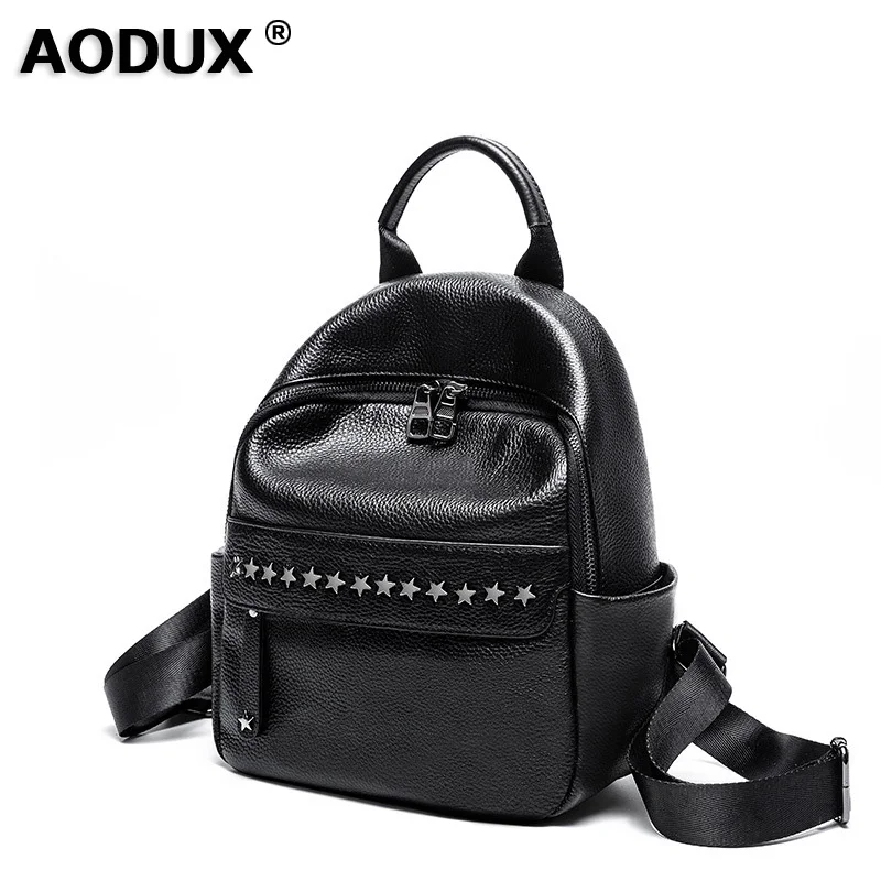 Новинка женские рюкзаки AODUX из натуральной кожи черные металлические изделия