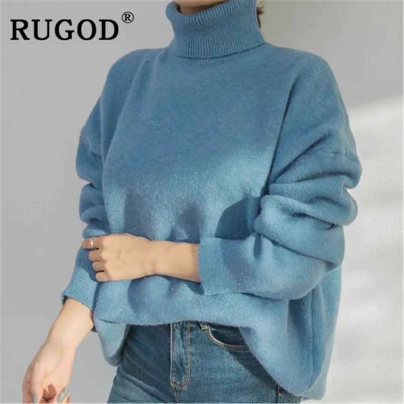 Синий RUGOD/Новинка года; зимний Однотонный свитер для женщин; свободный свитер-водолазка; пуловер; Модный женский элегантный повседневный вязаный свитер modis - Цвет: Синий