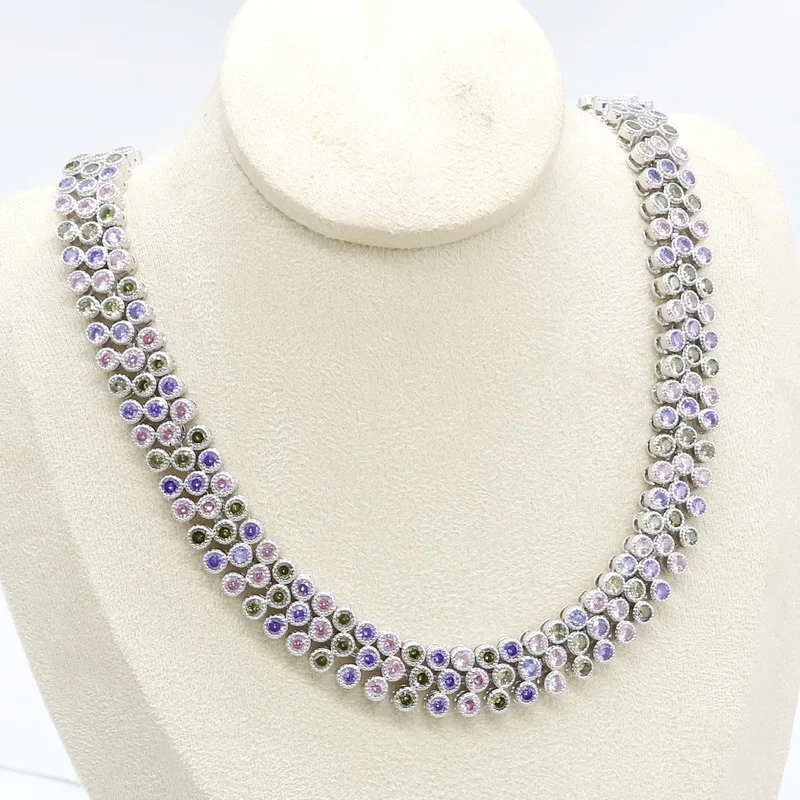 Разноцветные циркония 925 серебряные ювелирные наборы для женщин ожерелье серьги набор свадебный подарок на день рождения