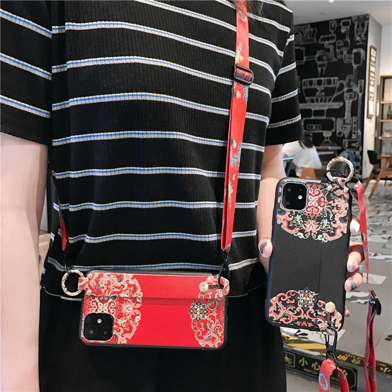 Chinese Style Crossbody Case For iPhone 11 Pro Max X 10 6 6s 7 8 Plus Wristband Bracket Cover XR XS Phone | Мобильные телефоны и