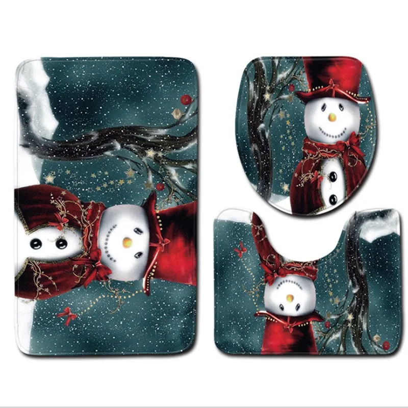 3 pieces/Set Cartoon Christmas Snowman Pattern Soft Anti-silp Bath Mat Flannel Contour Rug Lid Toil