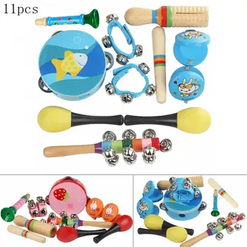 

11pcs/ lot Percussion Musical Instruments Set Tambourine Maracas Wrist Bells Mixed Kit for Children Baby Early Education Hot
