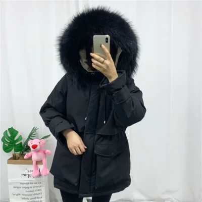 Black-3 Korean Loose Down Jacket Female Mid Long Waist Big Fur Collar Thicken Down Coats Women Fashion Winter Hooded Jackets HS794 - Цвет: Black-3
