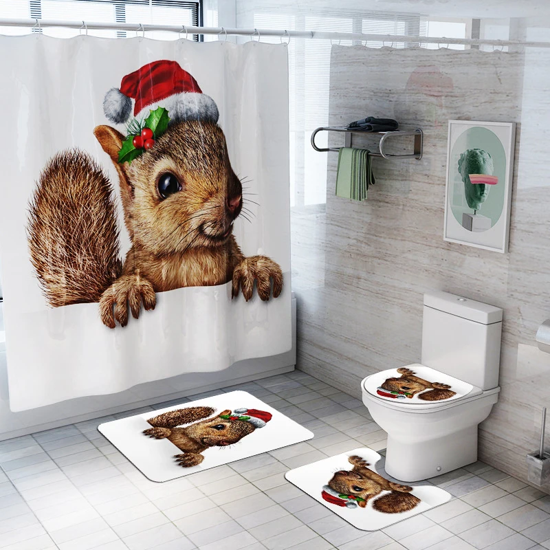Cartoon Animal Bath Mat and Shower Curtain Set Waterproof Bathroom Curtain Washable Bathroom Carpet Toilet Foot Mat Bath Rug