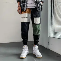 2019 весна осень Лоскутные большие карманы хип хоп шаровары мужские повседневные корейские карго обтягивающие большие брюки для бега