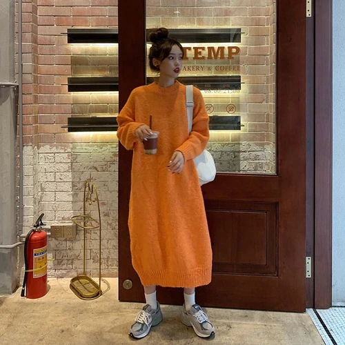 Orange Gaganight элегантный свитер длинное платье осень зима толстые однотонные свободные платья Женская мода корейский вязаный Vestidos с длинным рукавом - Цвет: Orange