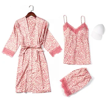 

2020 Spring And Summer New Leopard Print Suspender Trousers Three-piece Women Pajamas Gown Sexy With Chest Pad Silk Home Wear