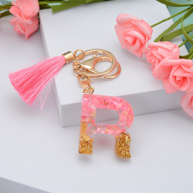 Creative Letter Alphabet Crystal Arylic Liquid Keychain Women Key Chains Ring Car Bag Tassels Pendent Charm Gift Accessory