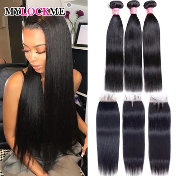 

MYLOCKME Peruvian Straight Hair Bundles With Closure For Black Women 4Pcs 100% Human Remy Hair Bundles With 4x4 Lace Closure
