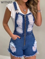 Calças de brim rasgadas de verão feminino zíperes buraco denim macacão shorts retalhos jeans