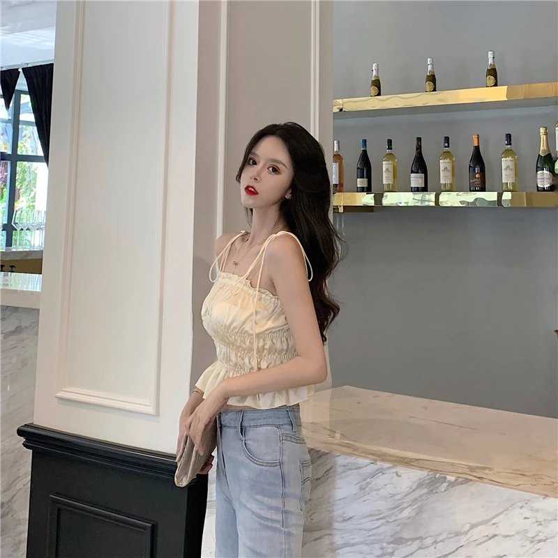 Женская одежда camis с оборками, короткие, однотонные, сексуальные, стильные, летние, с низким вырезом, с открытой спиной и плечами, модные, брендовые, новые