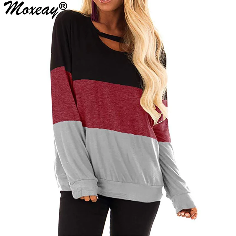 Miglior Moxeay Blocchi di Colore Delle Donne Maglione A Maniche Lunghe Pullover Costola Di Base Lavorato A Maglia di Cotone Magliette e camicette Solido Girocollo Essenziale Ponticello Maglie e Maglioni