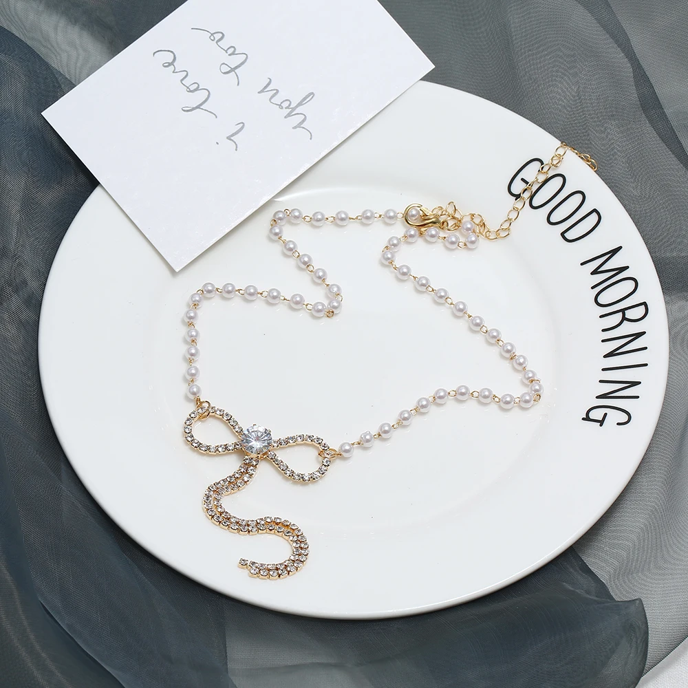 Модные ожерелья и кулоны для женщин Collier Femme, Винтажное колье с бантом и черным бисером для женщин, Жемчужное ювелирное изделие, подарок
