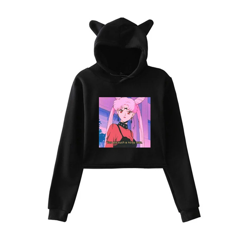Унисекс с длинным рукавом Короткие толстовки Сейлор Мун эстетические Kawaii кофты осень Забавный пуловер с капюшоном для женщин мужчин хип хоп одежда