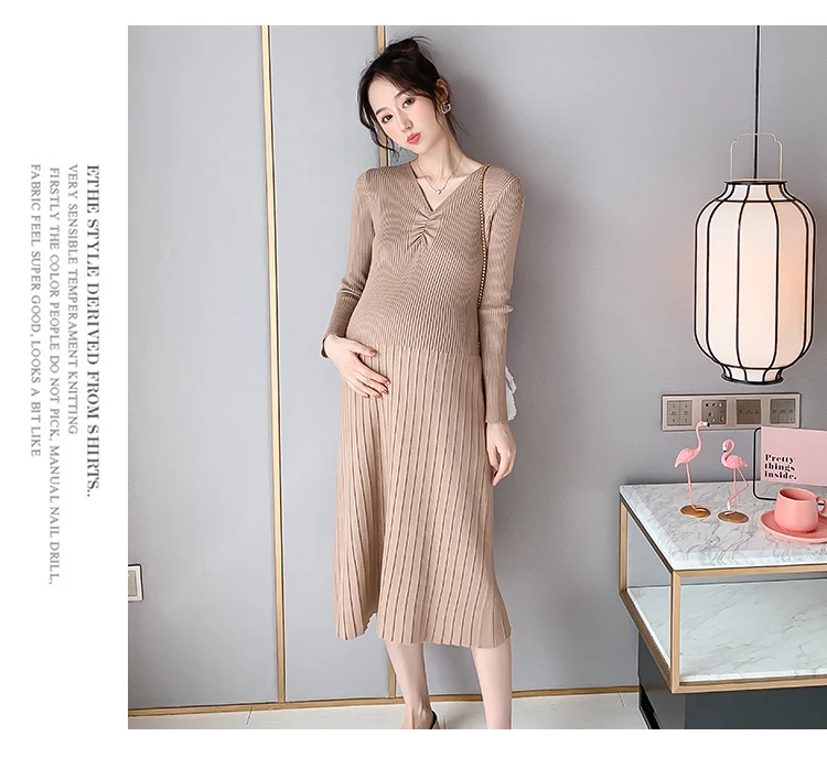 508# осенне-зимнее корейское модное трикотажное платье для беременных с v-образным вырезом, облегающая Одежда для беременных женщин, элегантный кардиган для беременных
