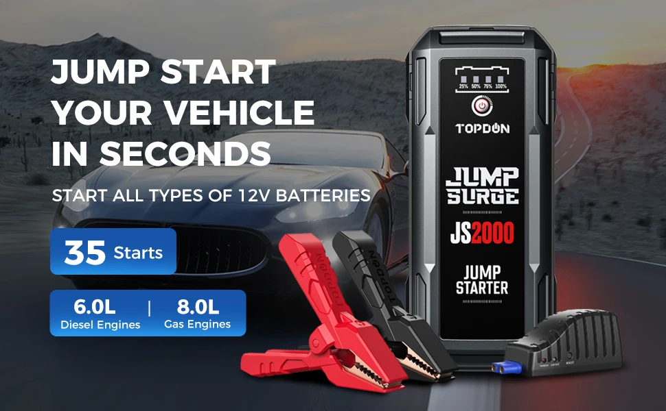 TOPDON 2000A Jump Starter 12V Car Jump Start 16000Mah Power Bank&Batterij Tester Launcher Auto Fast Starting Device JS2000TOPDON 20800mAh Car Jump Starter V2000 12V 2000A Peak Portable Emergency Starter Wireless Charge Power Bank Car Booster Starter Device Accumulator Battery portable jump starter