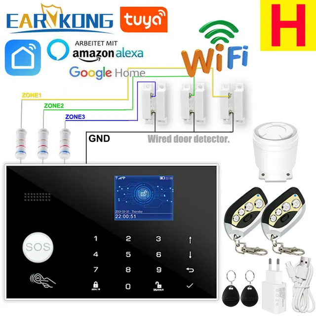 Wifi GSM Alarm System 433MHz Home Burglar Security Alarm Wireless Wired Detector RFID Touch Keyboard Temperature Humidity Alexa H