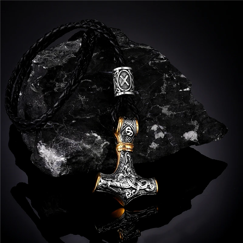 Norse Vikings Thor's Hammer Mjolnir Scandinavian Rune Amulet Necklace Stainless Steel Chain Vegvisir Anchor Pendant Male Jewelry