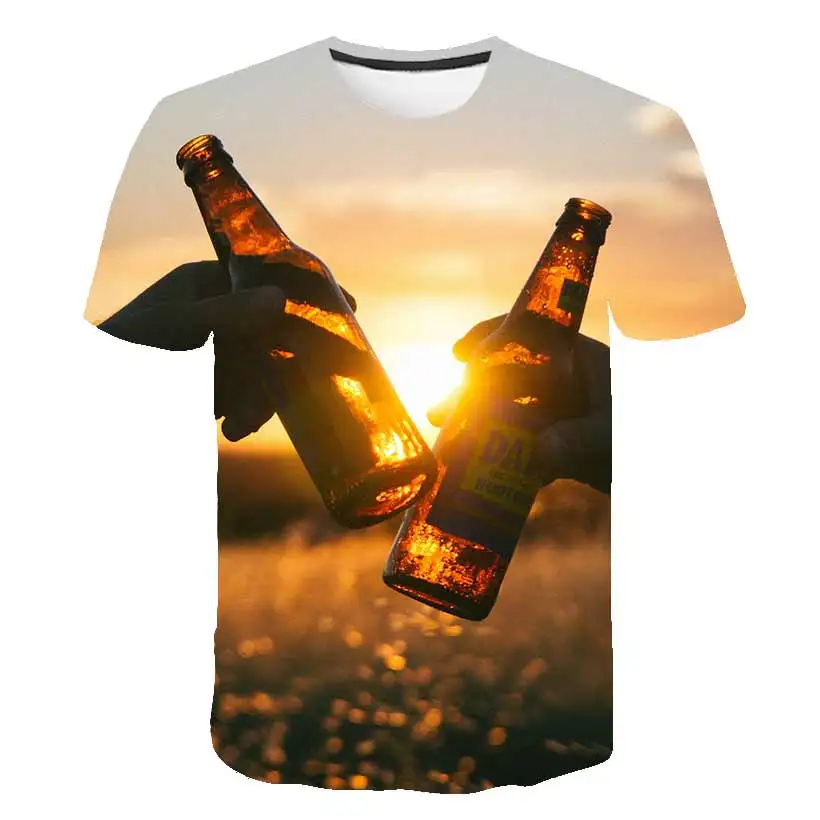

Yellow foam summer beer digital 3D printing tshirt men and women round neck short-sleeved T-shirt casual fashion T-shirt