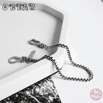 

OBEAR Fashion Retro Double Hook 3mm Box Chain Bracelet 100% 925 Sterling Silver Punk Style Letter Couple Bracelet