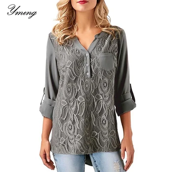 

YMING Fashion Chiffon Women Blouse Plus Size Long Sleeve Shirts Button V-Neck Ladies Top Crochet Female Tunic Oversized Blusas