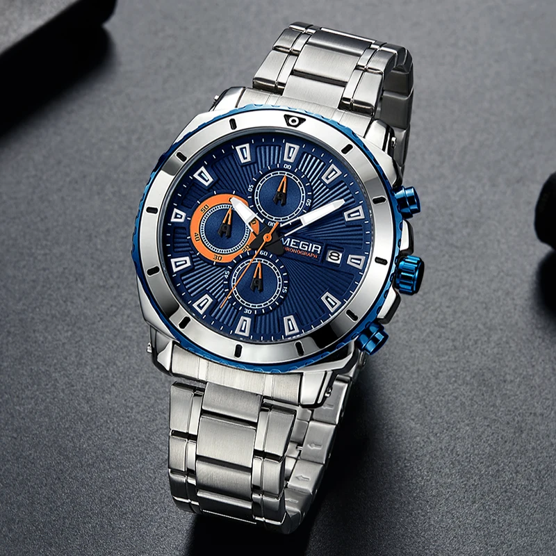 

MEGIR Stainless Steel Mens Watches Top Brand Luxury Blue Waterproof Quartz Watch Saat Business Wristwatch Man Relogio Masculino