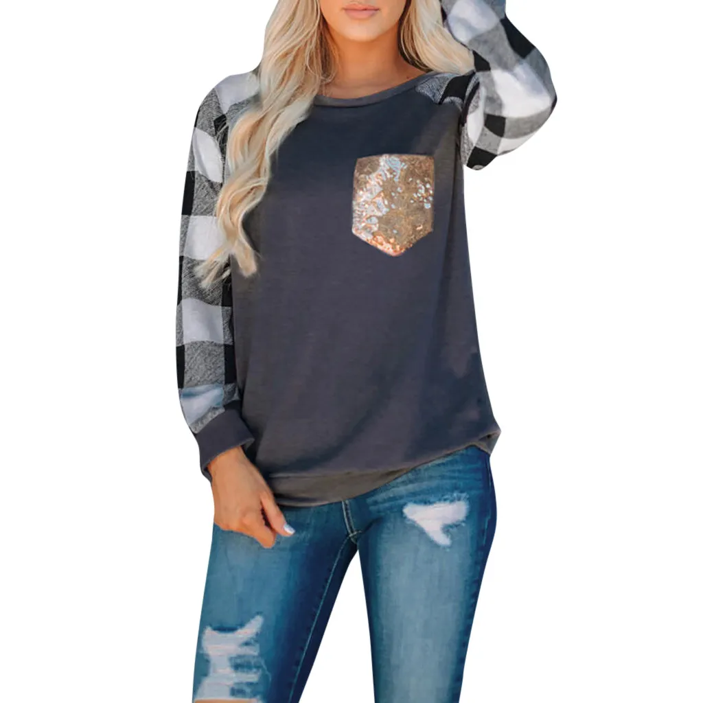 MISSOMO Винтажная Футболка женская комбинированная футболка клетчатый принт совпадающие пайетки простые топы с круглым вырезом с длинными рукавами карман camiseta mujer 911 - Цвет: GY