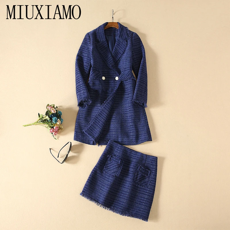 MIUXIMAO, лучшее качество, осень, офисный женский костюм-двойка, элегантный длинный рукав, твидовый длинный жакет+ короткое платье, костюмы для женщин, Vestidos