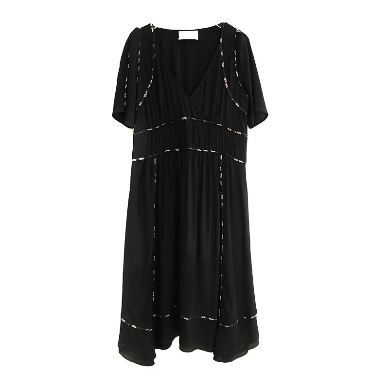 Черный Top Version Women V Neckline Short Sleeve Midi Dress With Contrast Patchwork Detail - Цвет: Черный