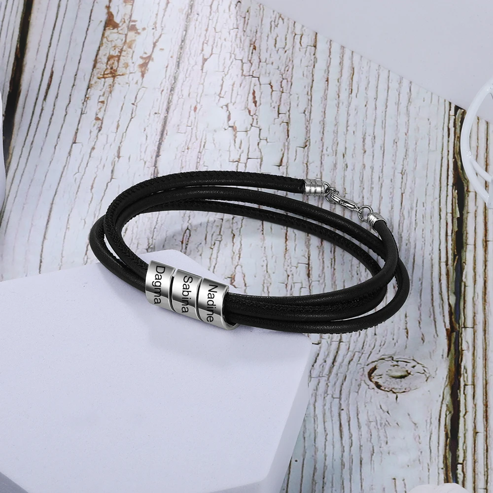 JewelOra-pulsera de cuentas de cuero negro para hombre, brazalete de acero inoxidable con grabado personalizado de nombres familiares, regalo para novio