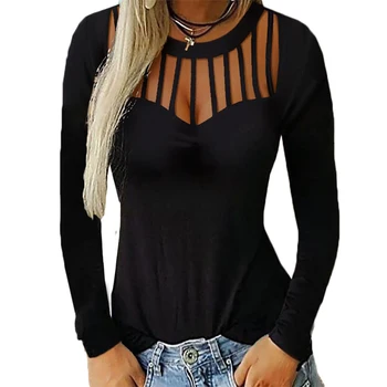 

Autumn Winter Women Shirt 2019 Hollow Out O Neck Casual Blouse And Tops Ladies Solid Long Sleeve Femme Slim Fit camisetas D35