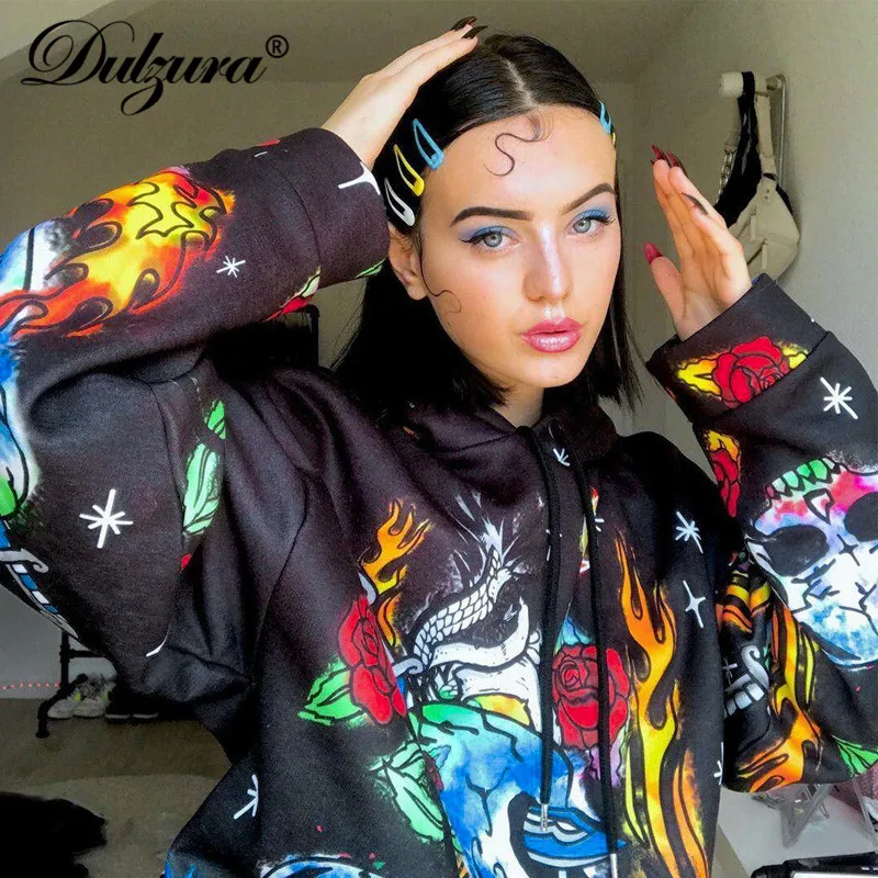 Tanie Dulzura 2019 jesienno zimowa damska długa bluza pulower ponadgabarytowa moda uliczna z kapturem odzież festiwalowa gothic flame print loose
