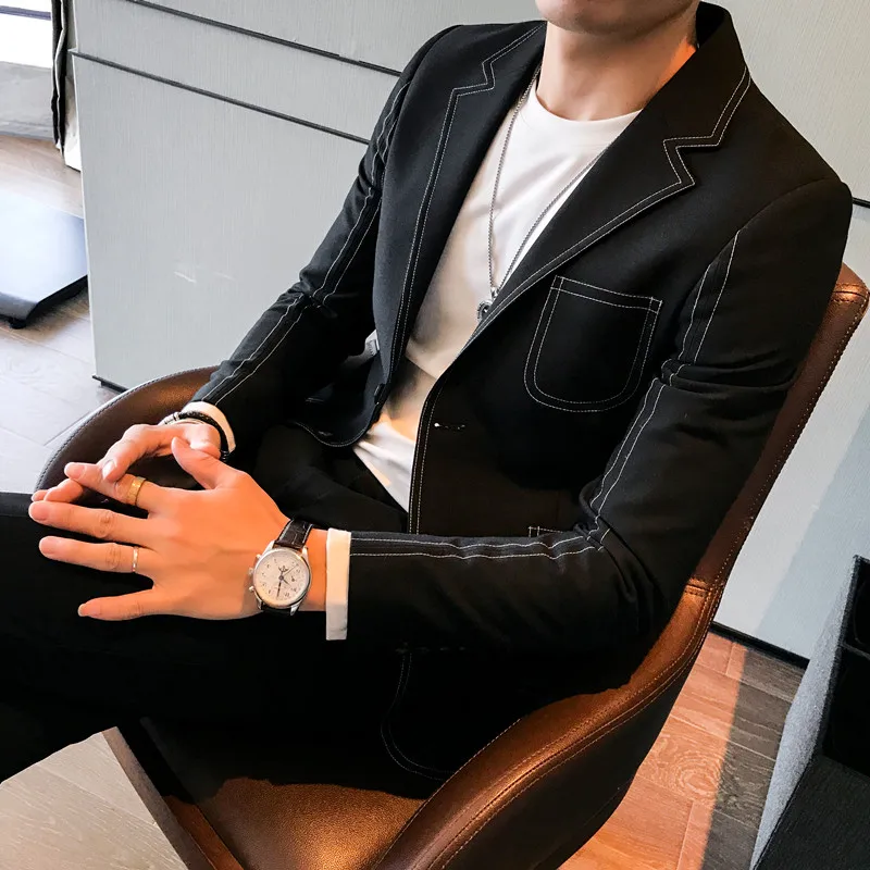 Autumn New Men's Slim Fashion Suit Men's Hair Stylist Korean Version of The Personality Line Trend Business Casual BlazersQX1293