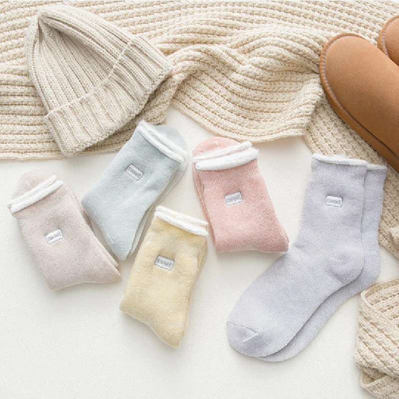 Милые бархатные теплые носки, толстые шерстяные женские носки, повседневные махровые носки без пятки, мягкие зимние носки, милые носки с буквенным принтом, короткие носки
